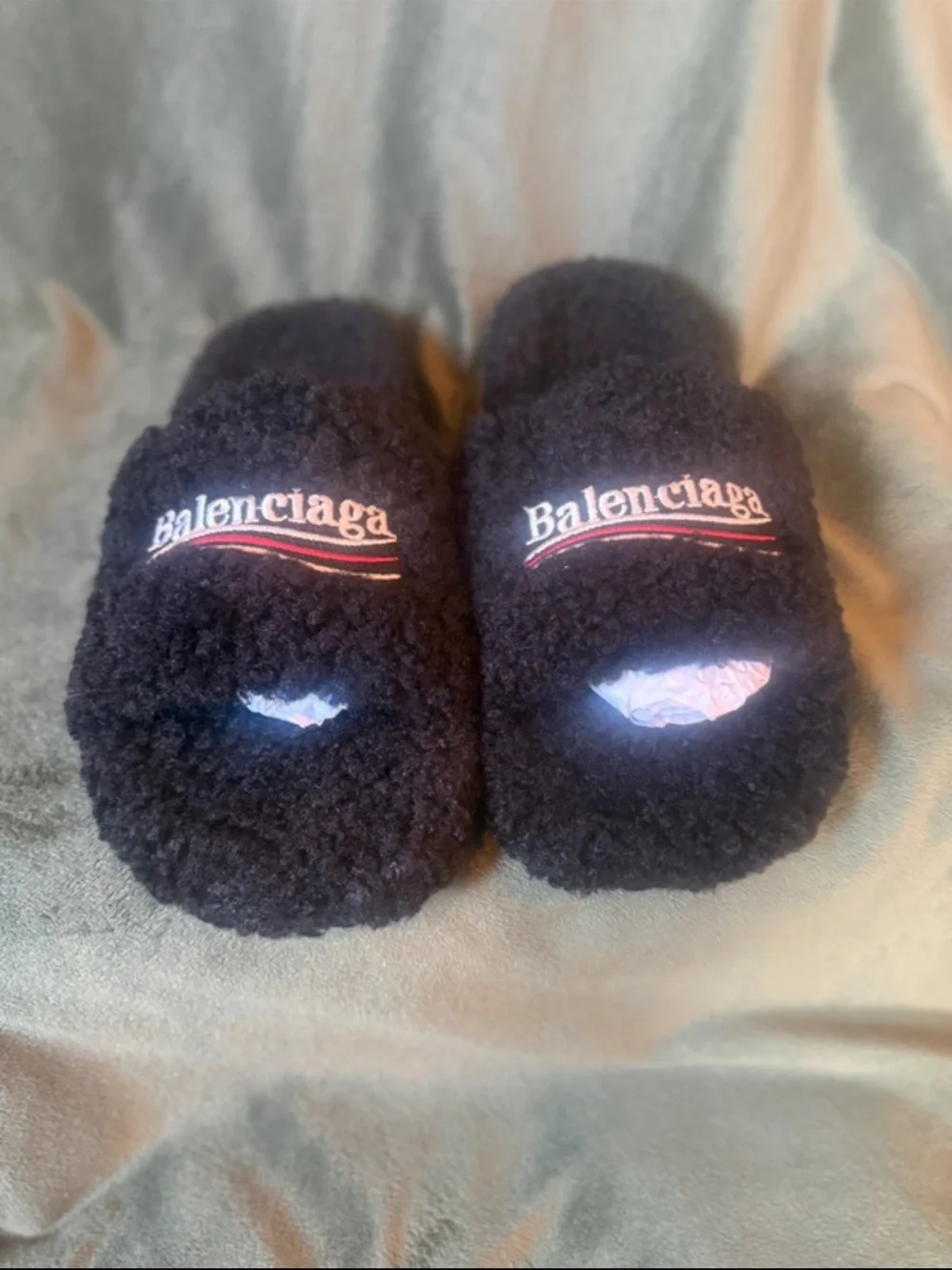 Balenciaga Black Shearling Logo Slide Slippers